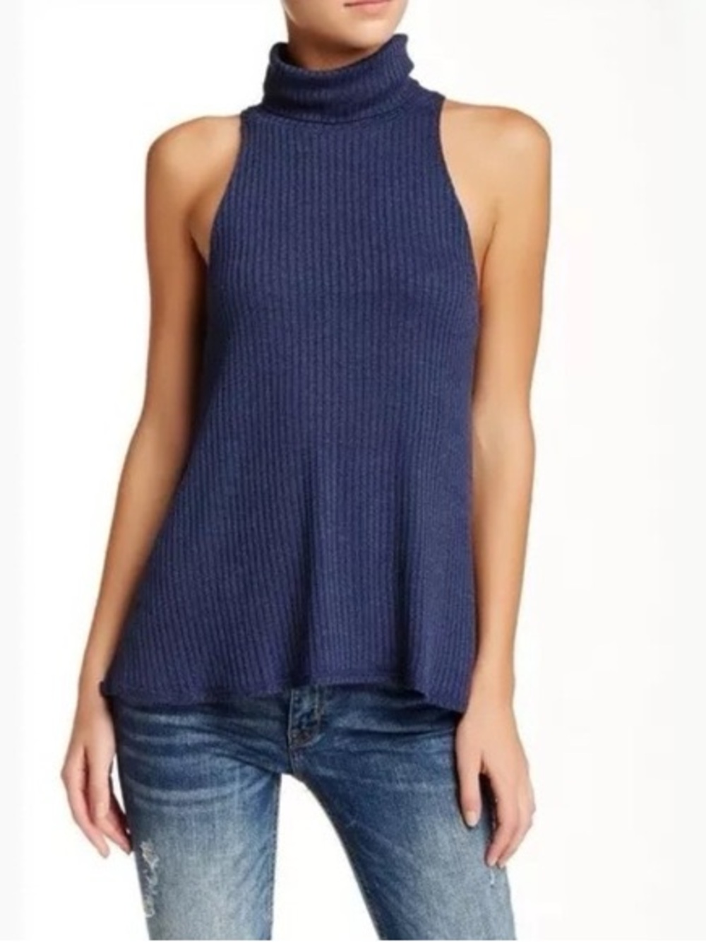 Free People We The Free City Drippy Navy Ribbed Turtleneck Tank Racerback Size S
